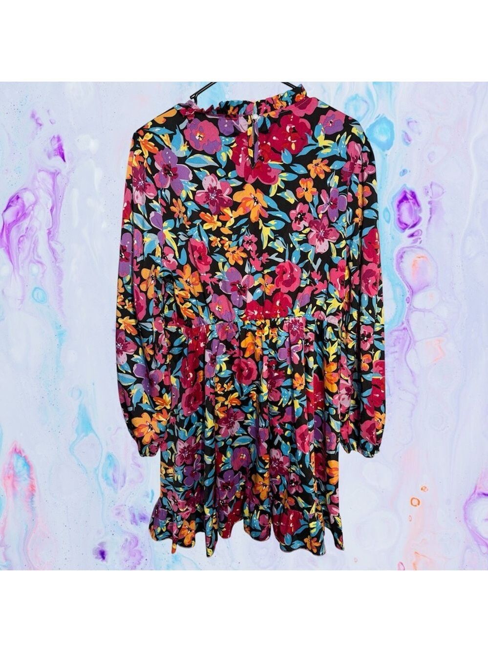 SHEIN Multi-Color Floral Curve Dress - Black, Pink, Blue, Yellow